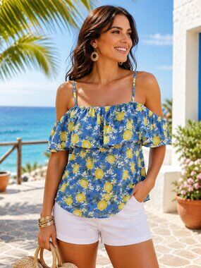Cato Blue Lemon Print Off Shoulder Ruffle Blouse XL Coastal Boho Resort